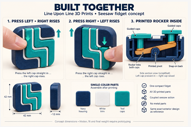 Original Line Upon Line fidget concept: navy rounded square, white trim, and teal L-shaped buttons. Diagrams show alternating button positions and a proposed internal rocker.
